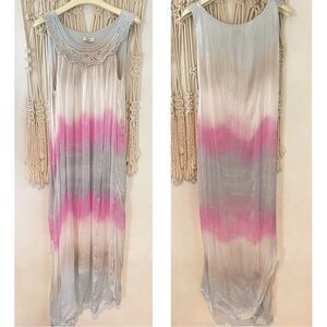 Boho Tie-Dye Maxi Dress MED – Crochet Yoke Sleeveless Flowy Festival Dress Silk